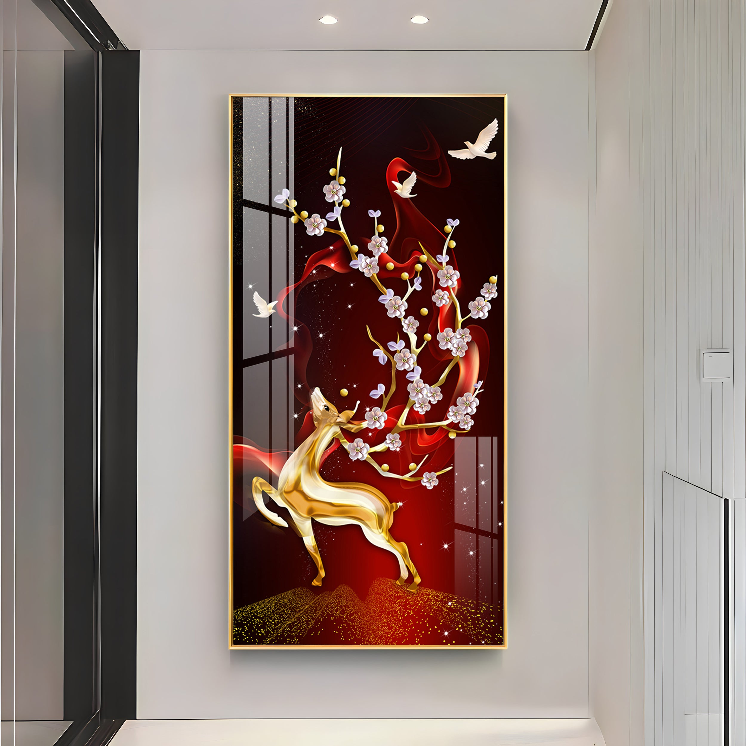 Golden Deer With Red Background Premium Acrylic Vertical Wall Art