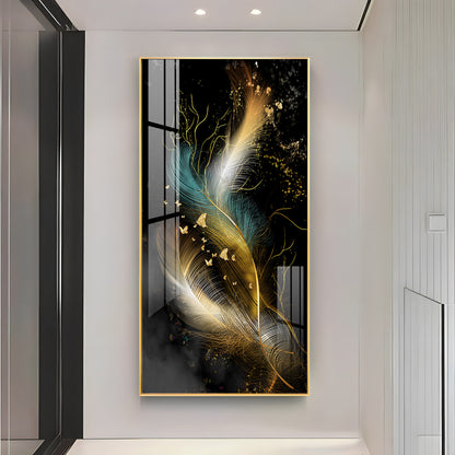 Abstract Golden & White Feathers Premium Acrylic Vertical Wall Art