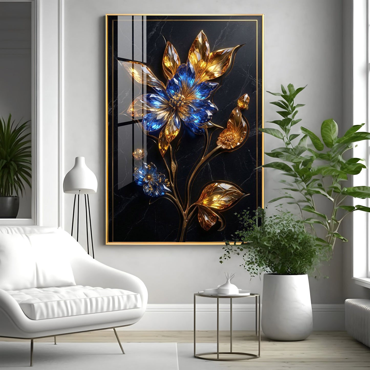 Blue & Gold Flower Premium Acrylic Vertical Wall Art