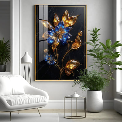 Blue & Gold Flower Premium Acrylic Vertical Wall Art