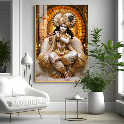 Beautiful Lord Krishna Playing The Flute Premium Acrylic Vertical Wall Art