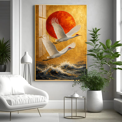 Cranes Over the Ocean & Red Sun Premium Acrylic Vertical Wall Art