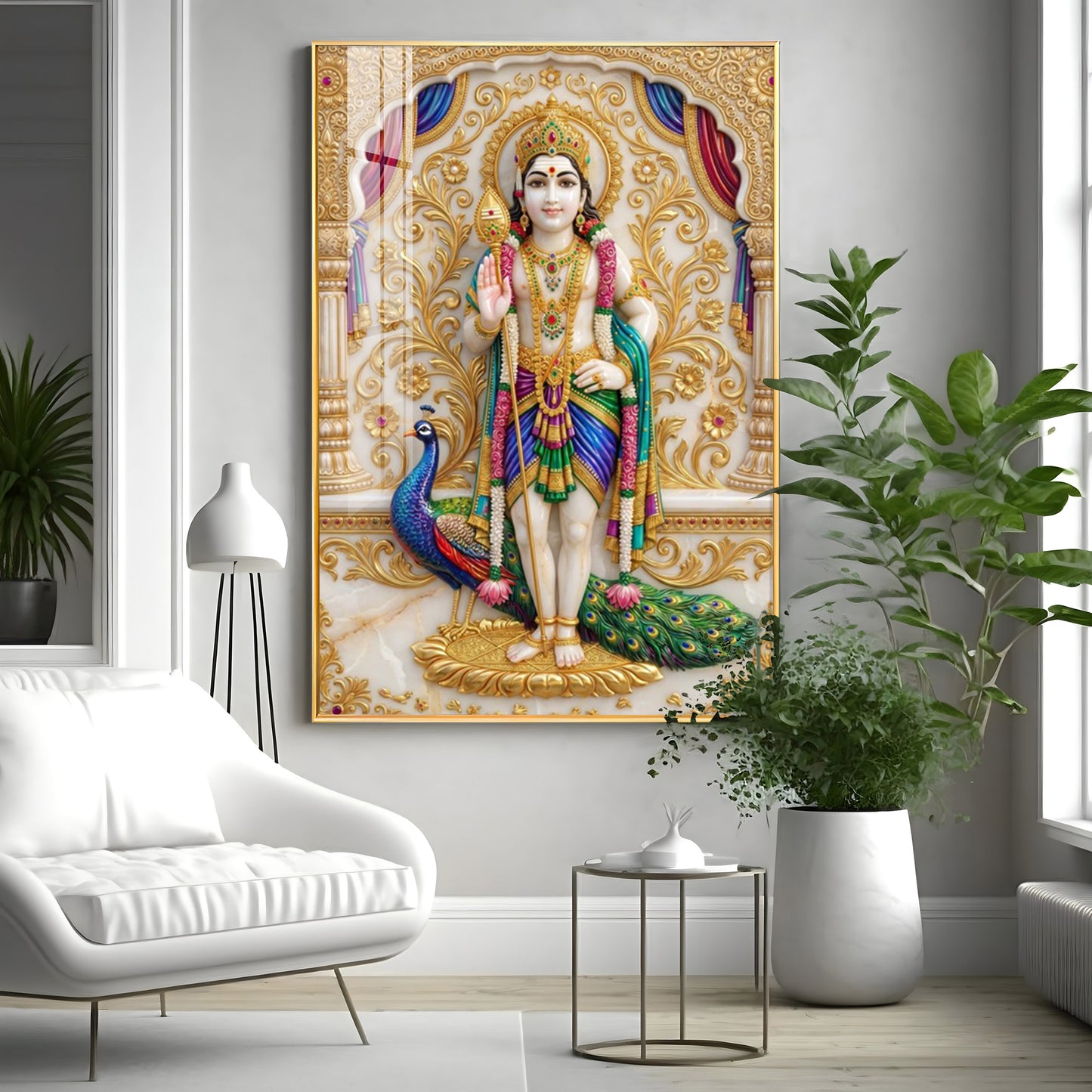 Lord Murugan With Peacock Premium Acrylic Vertical Wall Art