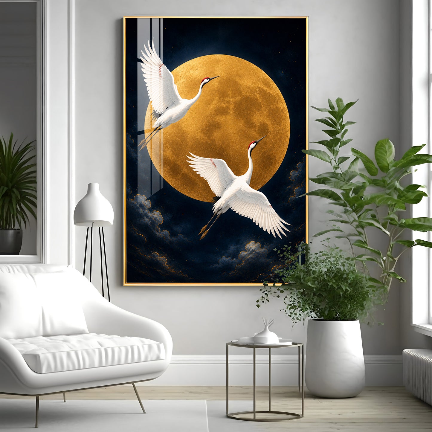 Golden Full Moon & Flying Cranes Premium Acrylic Vertical Wall Art