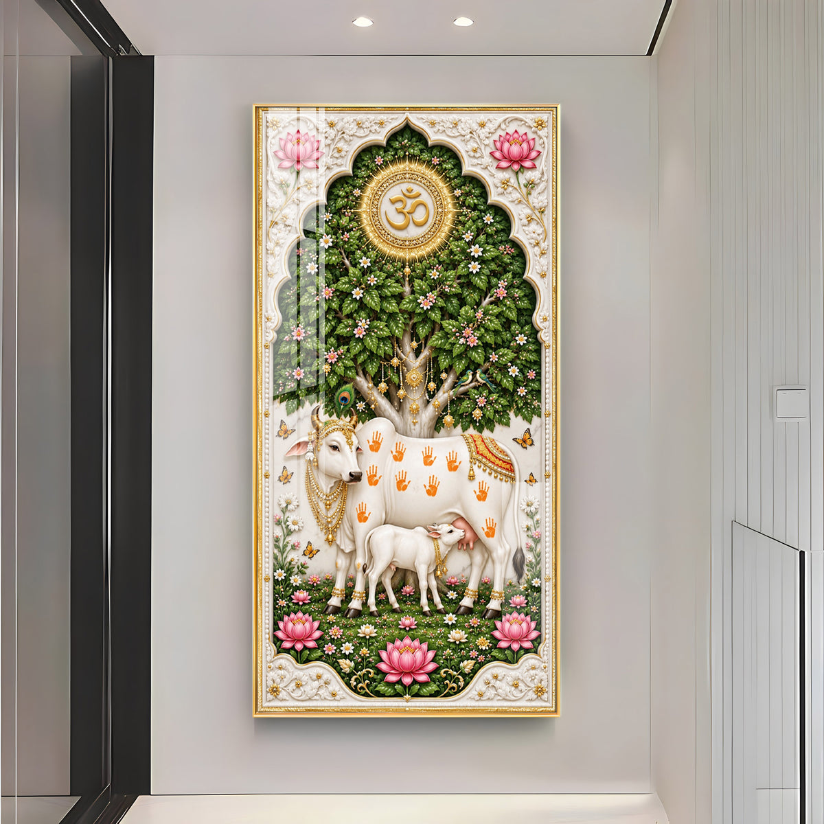 Kamdhenu Cow With Calf Premium Acrylic Vertical Wall Art