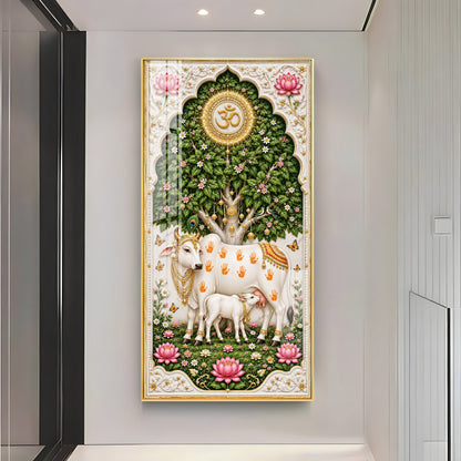 Kamdhenu Cow With Calf Premium Acrylic Vertical Wall Art