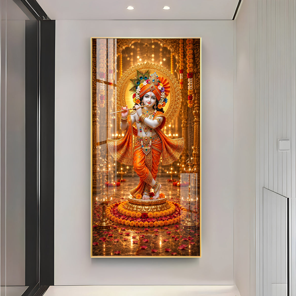 Divine Lord Krishna Playing Flute Premium Acrylic Vertical Wall Art