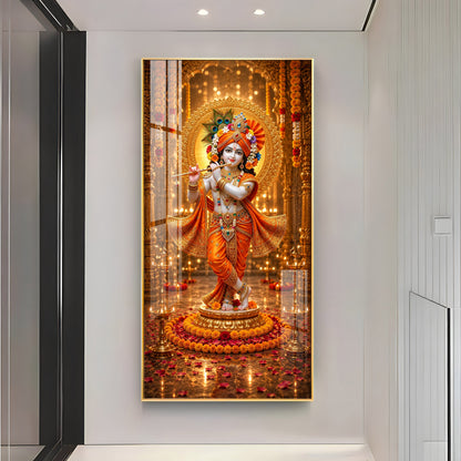 Divine Lord Krishna Playing Flute Premium Acrylic Vertical Wall Art