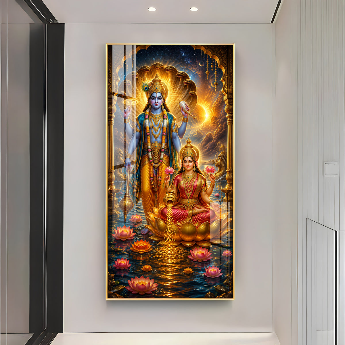 Sacred Lord Vishnu & Goddess Lakshmi Cosmic Premium Acrylic Vertical Wall Art