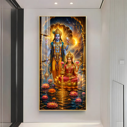 Sacred Lord Vishnu & Goddess Lakshmi Cosmic Premium Acrylic Vertical Wall Art