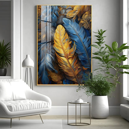Blue & Yellow Feathers Premium Acrylic Vertical Wall Art