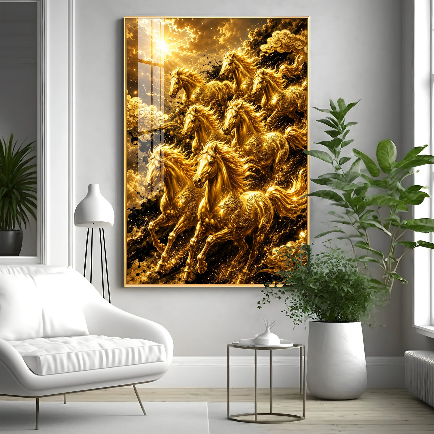 Golden Seven Horses Premium Acrylic Vertical Wall Art