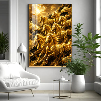 Golden Seven Horses Premium Acrylic Vertical Wall Art