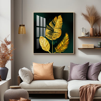 Luxury Golden Leaves Premium Acrylic Square Wall Art