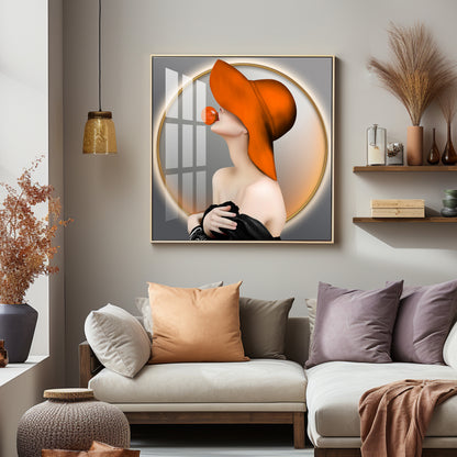Modern Girl With Hat Premium Acrylic Square Wall Art