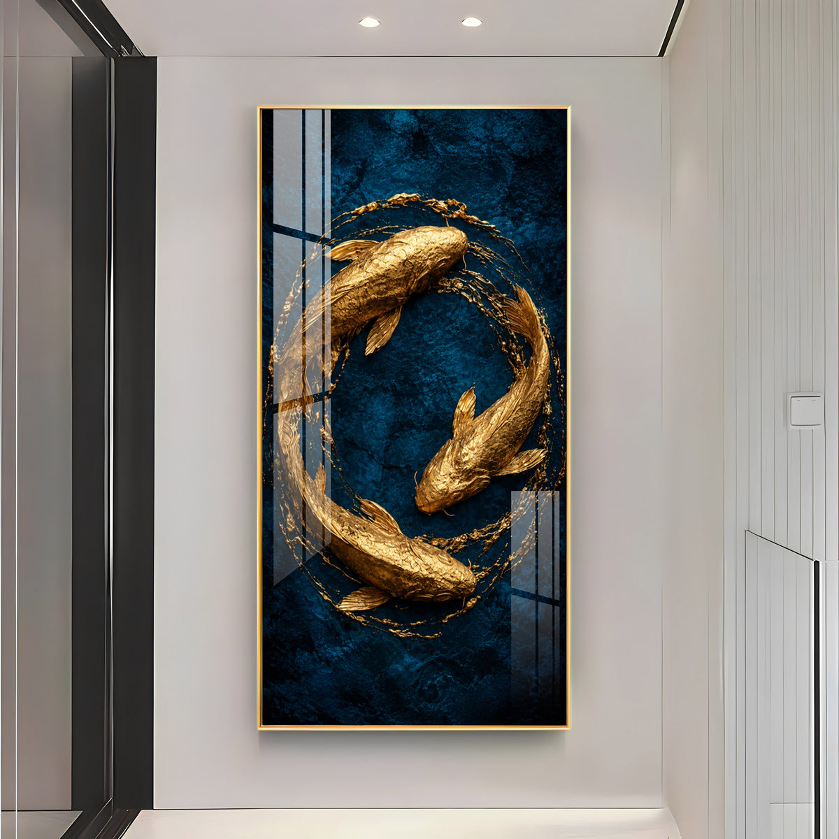 Majestic Golden Koi Circle Background Premium Acrylic Vertical Wall Art