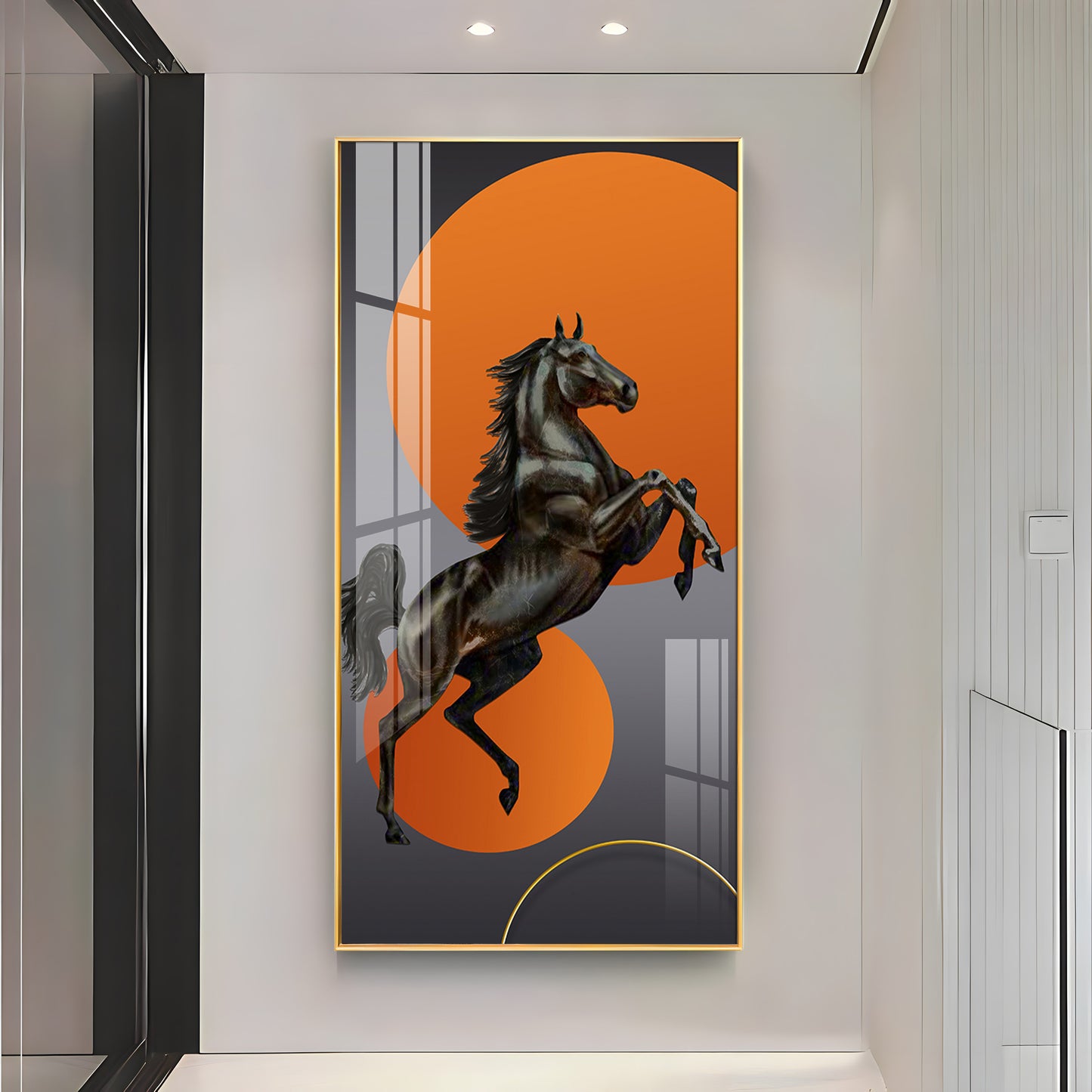 Black Horse With Vibrant Orange Background Premium Acrylic Vertical Wall Art