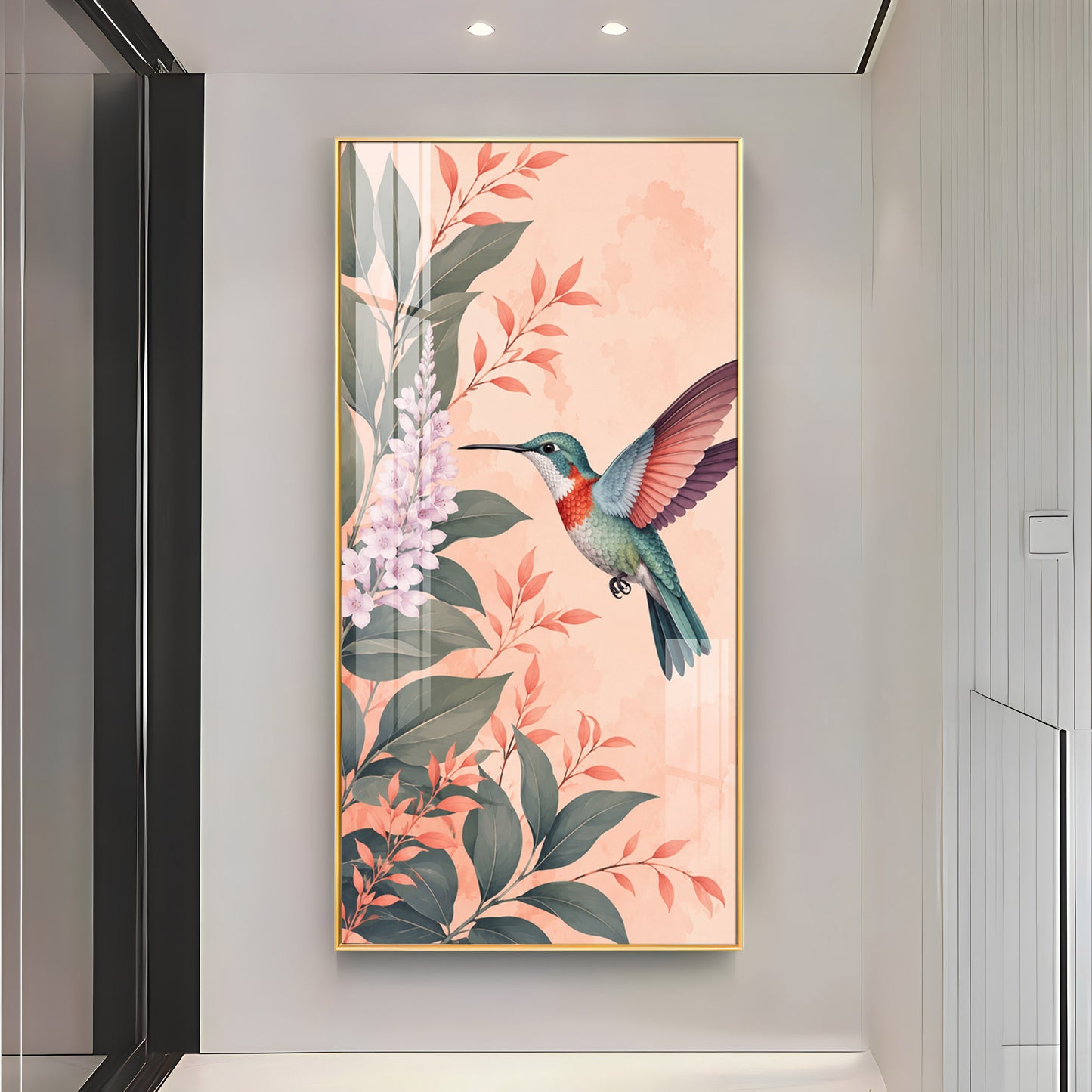 Hummingbird & Botanical Flowers Premium Acrylic Vertical Wall Art