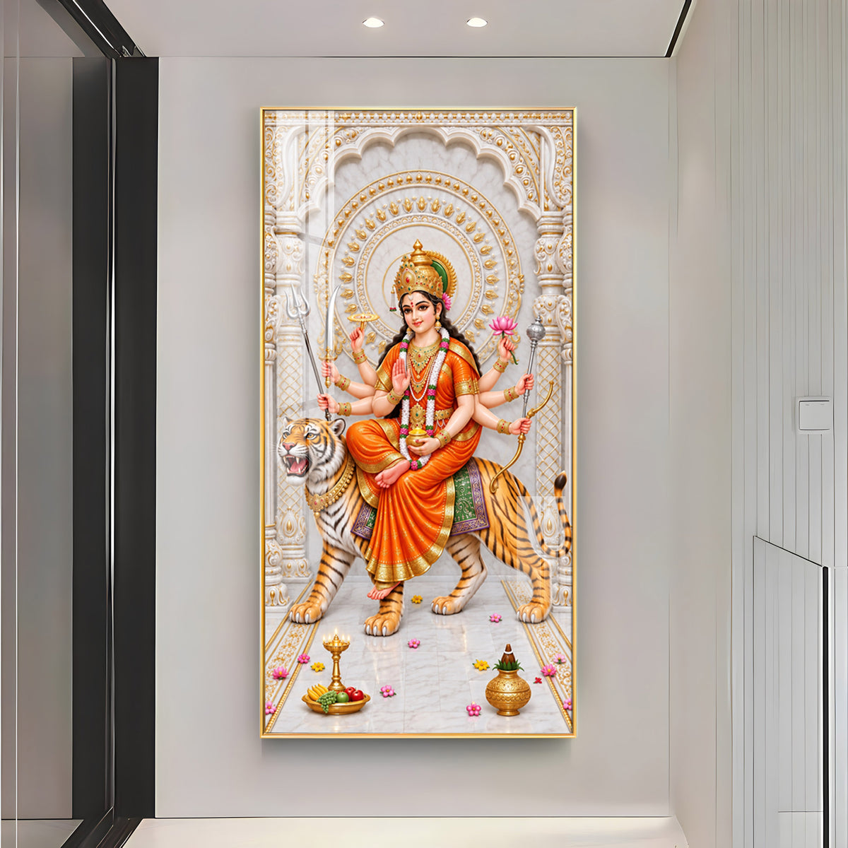 Durga Mata In Orange Attire Premium Acrylic Vertical Wall Art