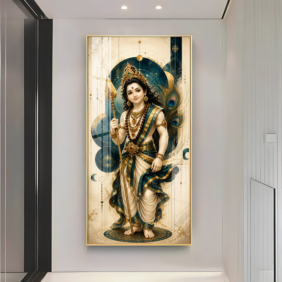 Sacred Lord Murugan & Peacock Feather Premium Acrylic Vertical Wall Art