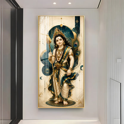 Sacred Lord Murugan & Peacock Feather Premium Acrylic Vertical Wall Art