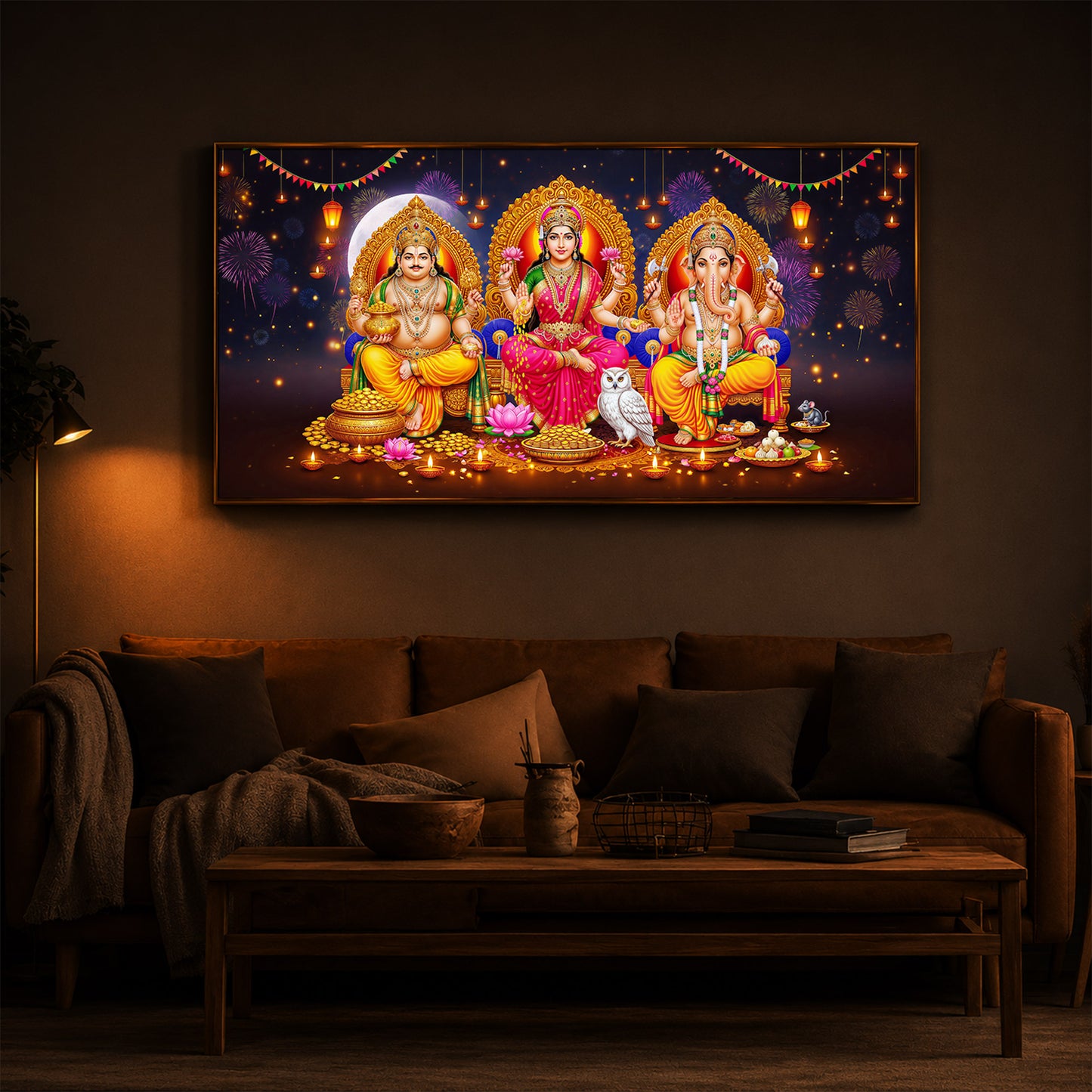 Lord Kubera,Goddess Lakshmi & Lord Ganesha Modern Luxury Backlight Horizontal Wall Art