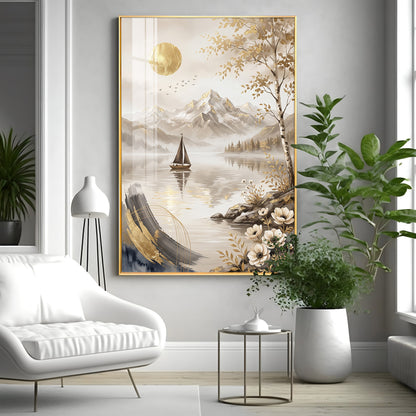 Abstract Lake Sailboat & Mountain Landscape Premium Acrylic Vertical Wall Art