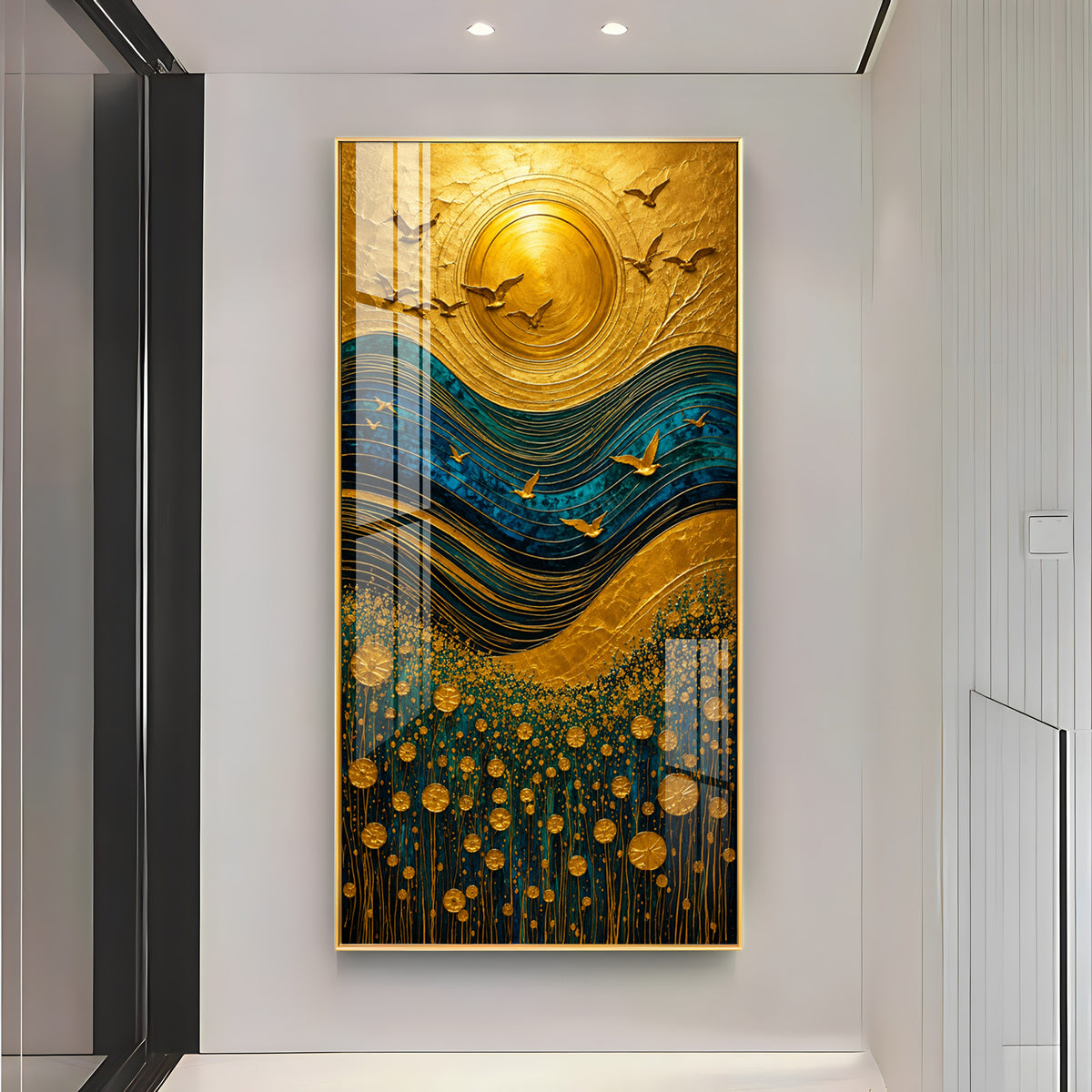 Majestic Golden Sun & Flying Birds Landscape Premium Acrylic Vertical Wall Art