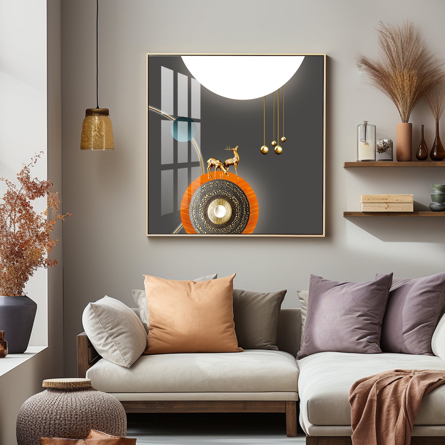 Golden Deer White & Gold Toned Design Premium Acrylic Square Wall Art