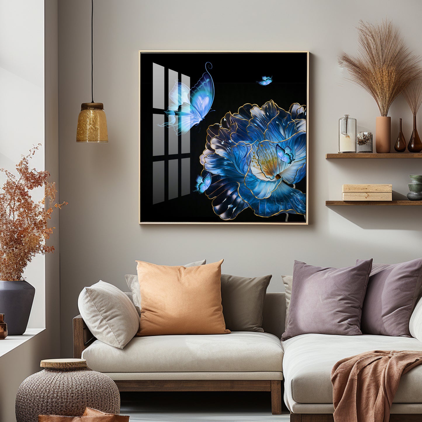 Blue Butterfly With Blue Flower Premium Acrylic Square Wall Art