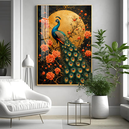 Golden Moon Peacock Premium Acrylic Vertical Wall Art