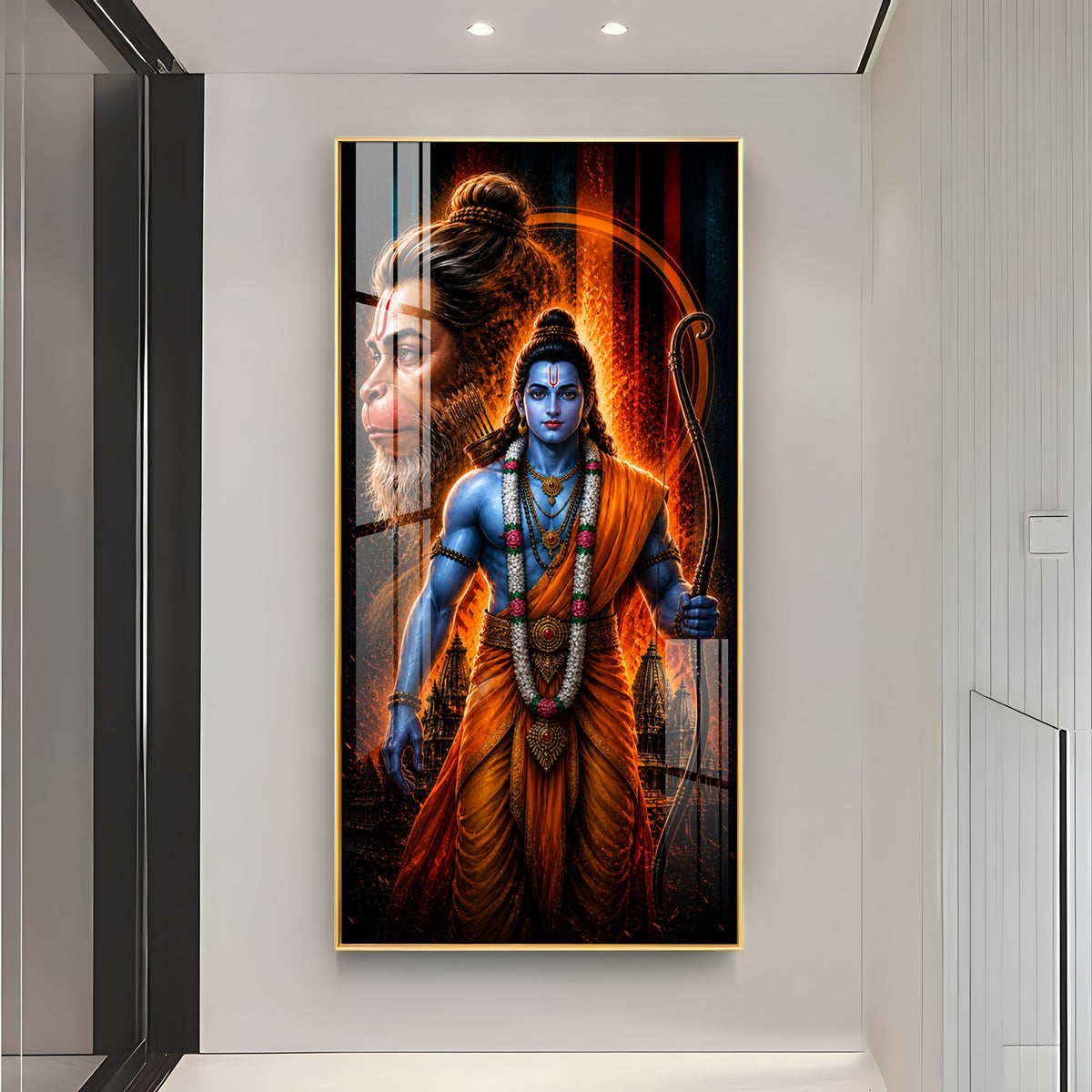 Sacred Lord Rama & Hanuman Divine Aura Premium Acrylic Vertical Wall Art