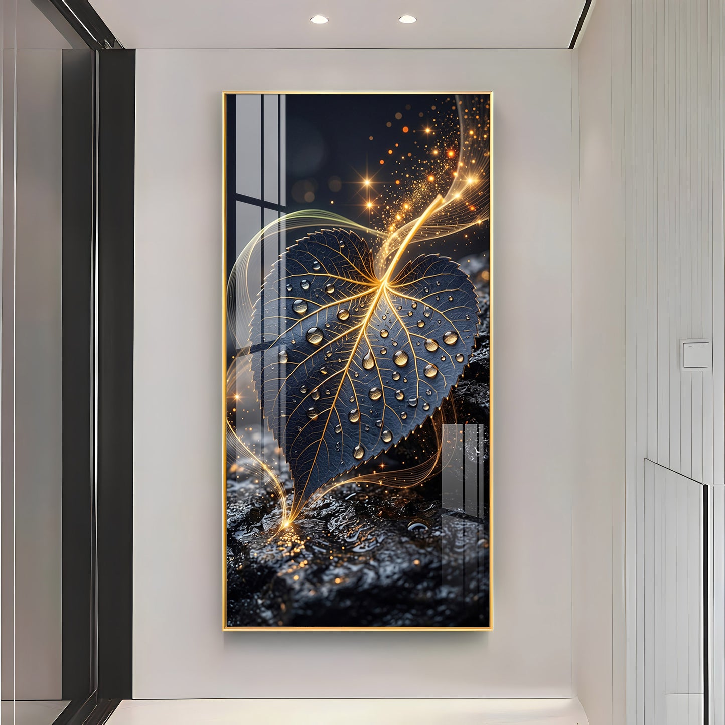 Golden Water Droplet Leaf Premium Acrylic Vertical Wall Art
