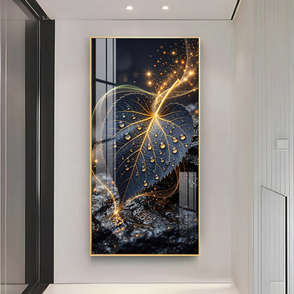 Golden Water Droplet Leaf Premium Acrylic Vertical Wall Art