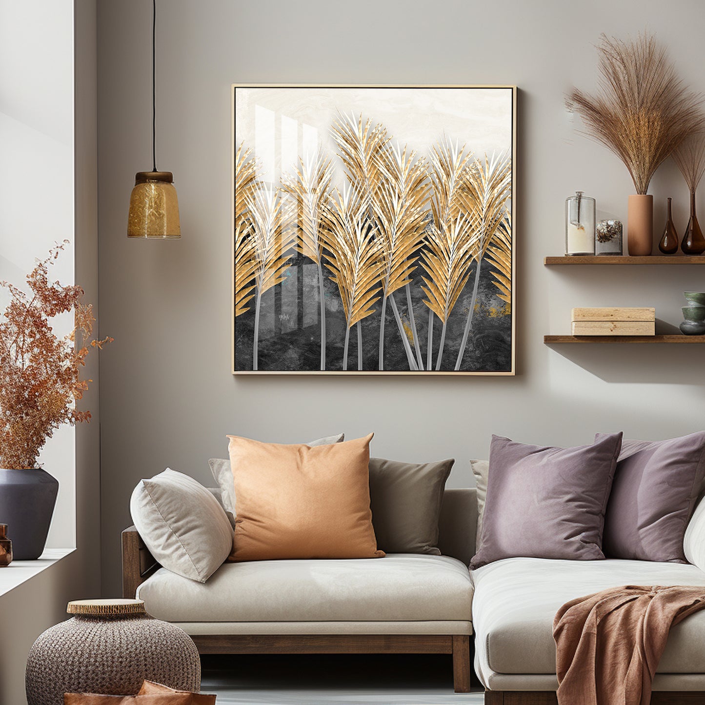 Golden Leafs Plant Premium Acrylic Square Wall Art