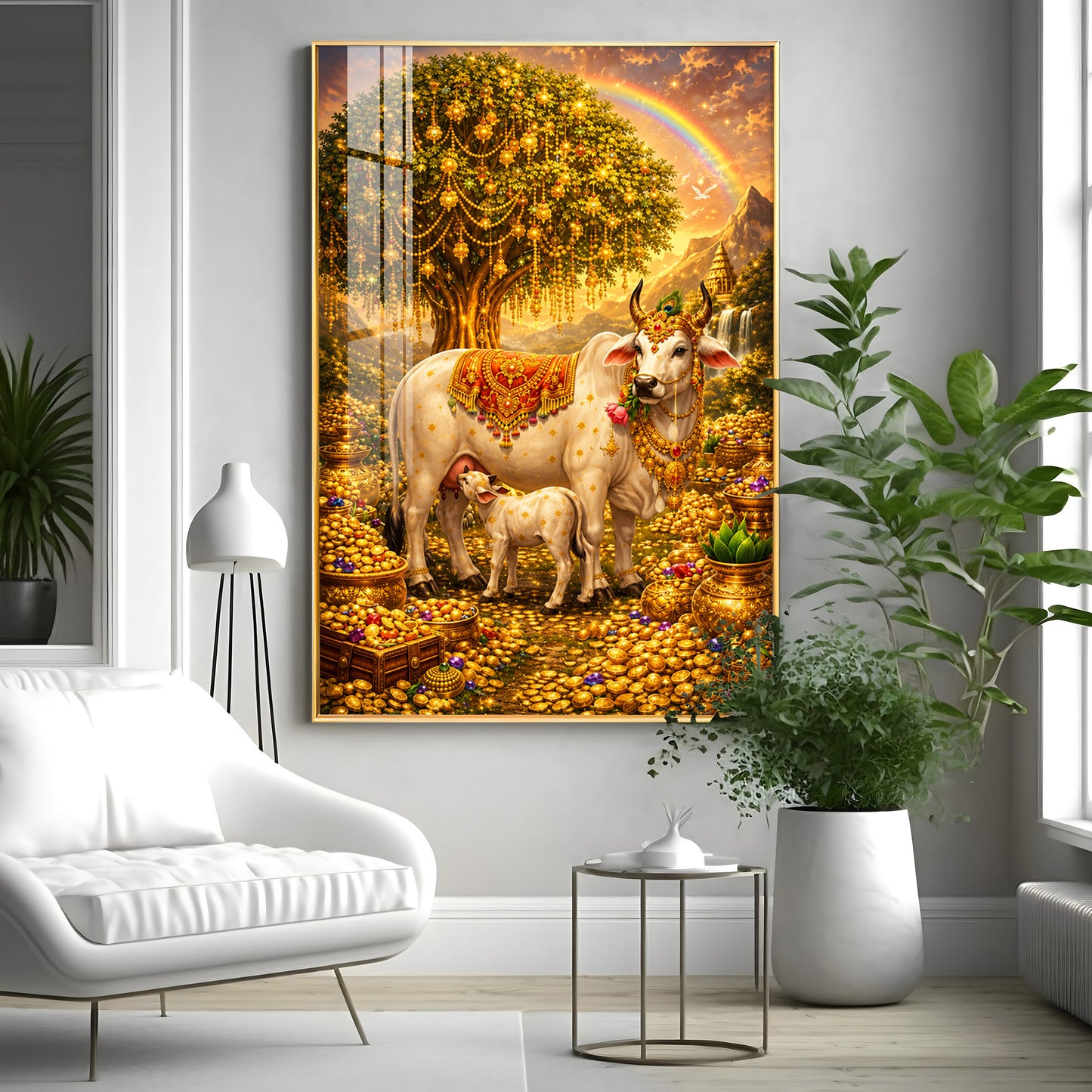 Golden Kamadhenu Wish-Fulfilling Cow Premium Acrylic Vertical Wall Art
