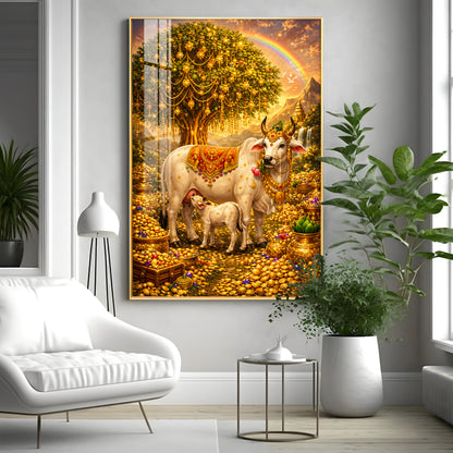 Golden Kamadhenu Wish-Fulfilling Cow Premium Acrylic Vertical Wall Art