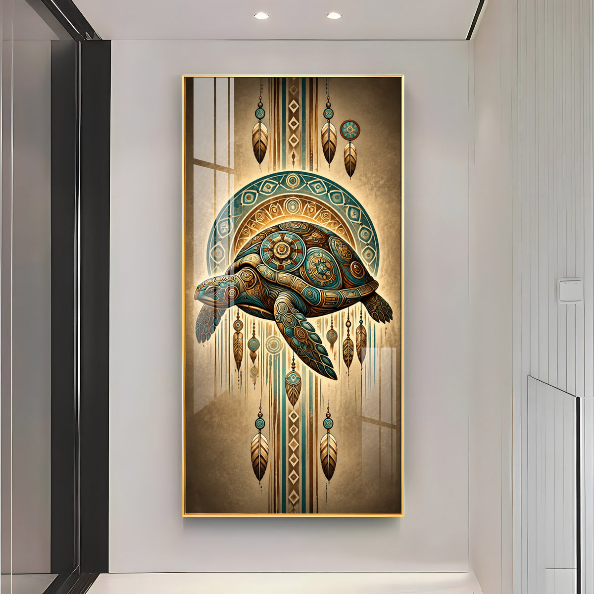 Tribal Patterned Sea Turtle & Feathers Premium Acrylic Vertical Wall Art