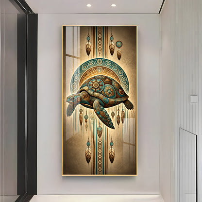 Tribal Patterned Sea Turtle & Feathers Premium Acrylic Vertical Wall Art