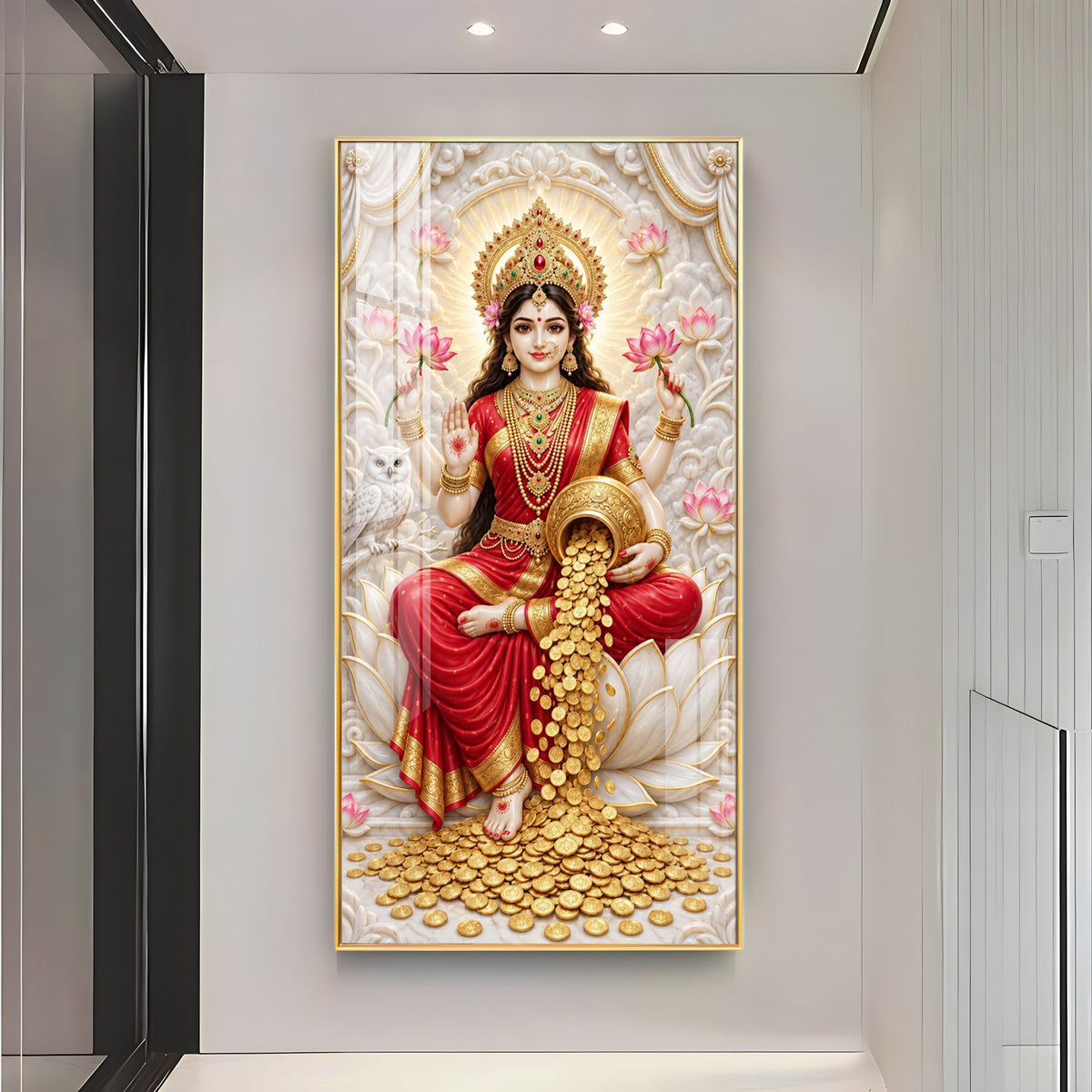 Goddess Laxmi With Gold Coins Premium Acrylic Vertical Wall Art