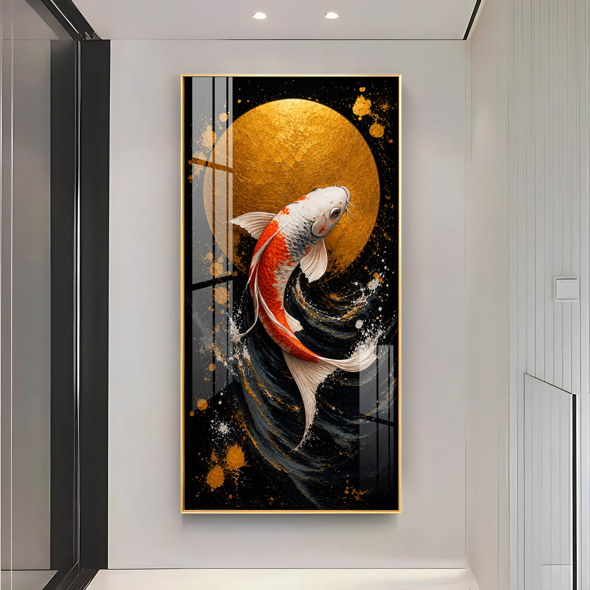 Golden Moon & Swimming Koi Fish Premium Acrylic Vertical Wall Art