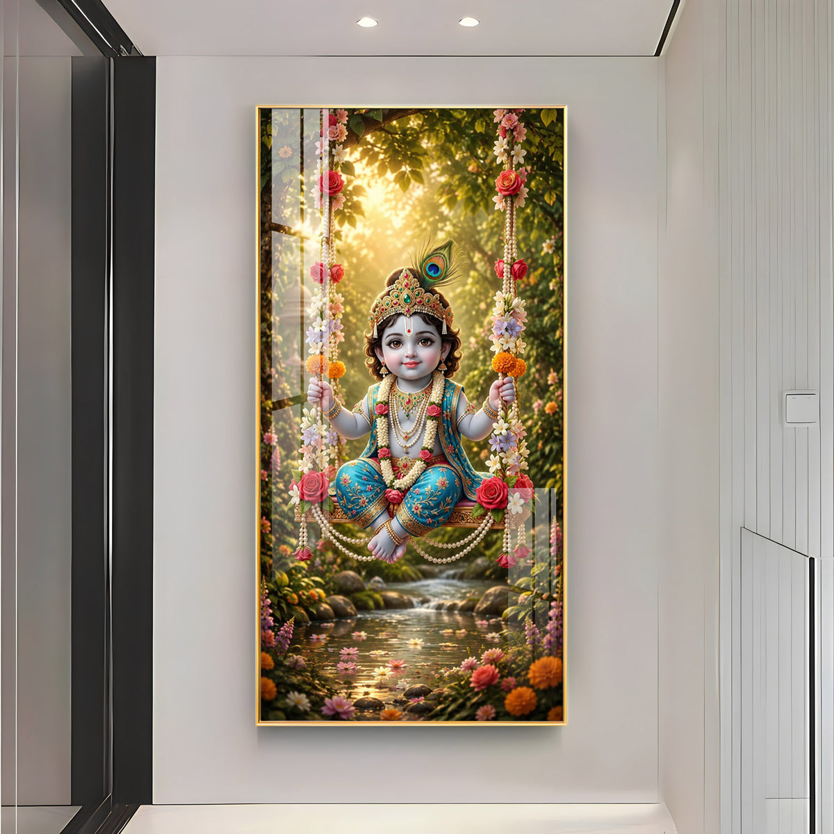 Divine Bal Krishna In Jhula Premium Acrylic Vertical Wall Art