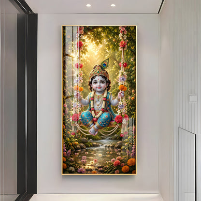 Divine Bal Krishna In Jhula Premium Acrylic Vertical Wall Art