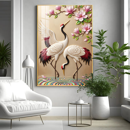 Dancing Cranes & Cherry Blossom Premium Acrylic Vertical Wall Art