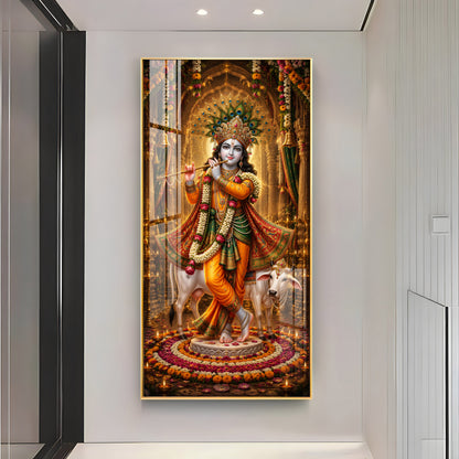Divine Lord Krishna with Kamadhenu Cow Premium Acrylic Vertical Wall Art