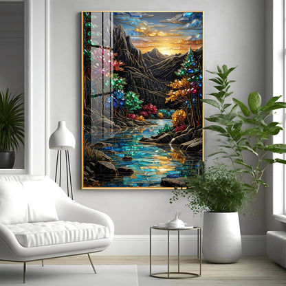 Depicting Mountains & River Premium Acrylic Vertical Wall Art