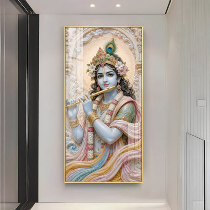 Divine Krishna With Bansuri Premium Acrylic Vertical Wall Art