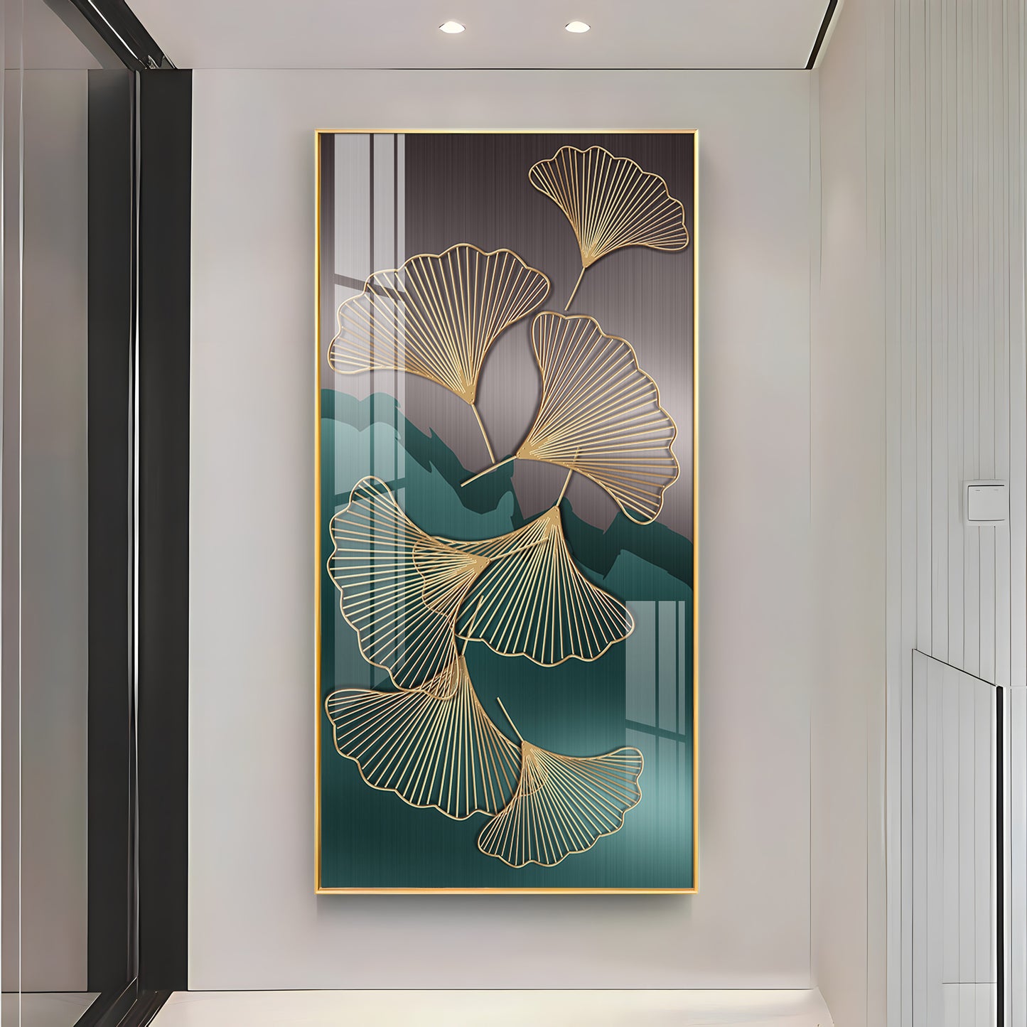 Golden Ginkgo Leaves With Dark green Premium Acrylic Vertical Wall Art