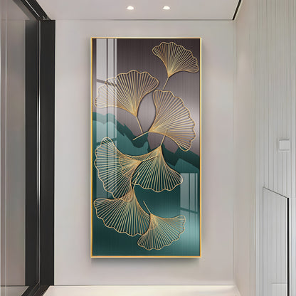 Golden Ginkgo Leaves With Dark green Premium Acrylic Vertical Wall Art