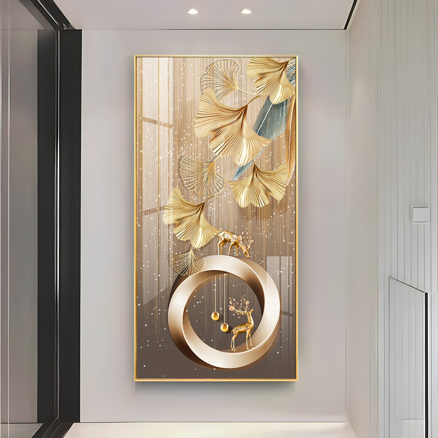 Golden Deer With Leaf Premium Acrylic Vertical Wall Art